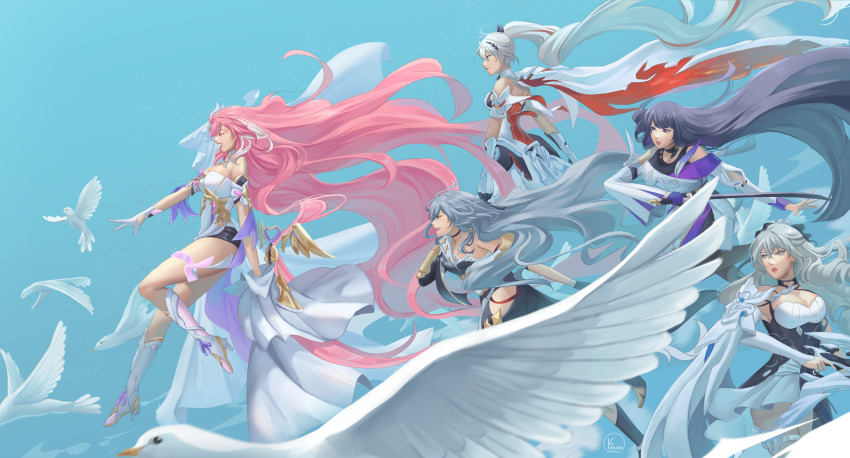 5girls absurdres armor armored_dress bird black_dress black_shorts blue_sky boots breasts bronya_zaychik bronya_zaychik_(silverwing:_n-ex) cape chinese_clothes cleavage commentary corset dove dress elysia_(herrscher_of_human:_ego)_(honkai_impact) elysia_(honkai_impact) english_commentary fu_hua fu_hua_(herrscher_of_sentience) full_body grey_hair gun high_heel_boots high_heels highres holding holding_gun holding_sword holding_weapon honkai_(series) honkai_impact_3rd kiana_kaslana kiana_kaslana_(herrscher_of_flamescion) kokotuo large_breasts long_hair multiple_girls pink_hair ponytail purple_hair raiden_mei raiden_mei_(apho) short_shorts shorts sky sword veil very_long_hair weapon white_boots white_cape white_corset white_dress white_hair white_veil