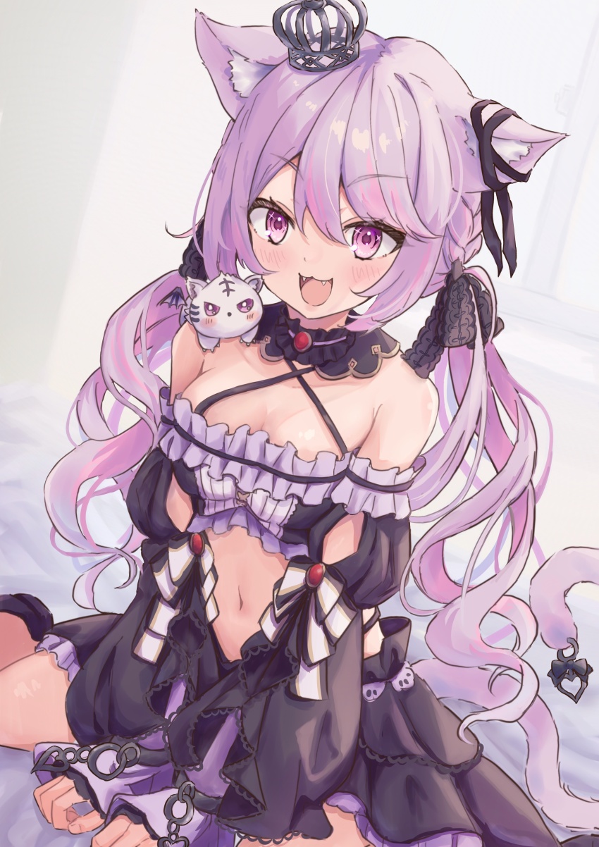 1girl absurdres animal_ears black_bow black_collar black_ribbon black_shirt black_skirt black_sleeves blush bow breasts cat_ears cat_girl cat_tail chain cleavage collar commentary criss-cross_halter crop_top crown detached_collar detached_sleeves dutch_angle ear_ribbon fangs foot_out_of_frame frilled_shirt frills hair_between_eyes hair_bow halterneck highres ina_uruu long_hair looking_at_viewer low_twintails medium_breasts midriff mini_crown multicolored_hair nanashi_inc. navel open_mouth pink_eyes pink_hair purple_hair ribbon shirt shishishi sitting skirt sleeveless sleeveless_shirt solo tail tail_bow tail_ornament twintails two-tone_bow two-tone_hair virtual_youtuber wariza white_bow