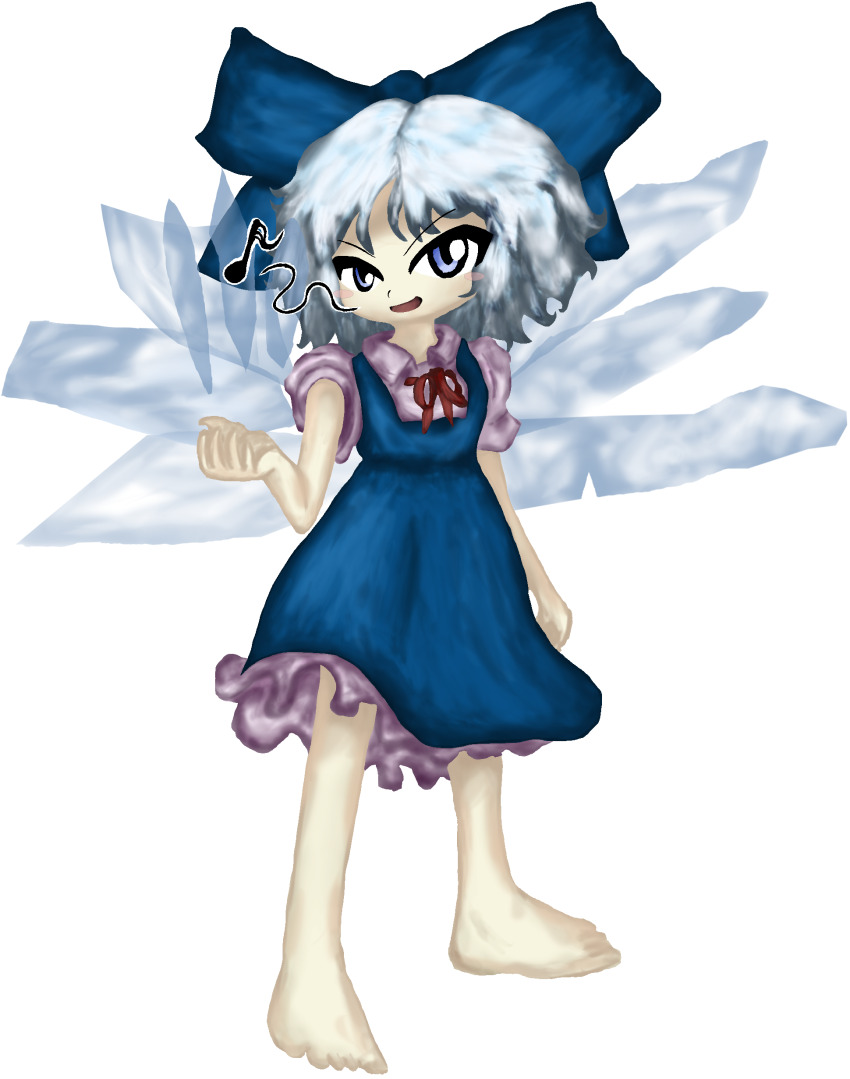 1girl absurdres barefoot blue_dress blue_eyes blue_hair cirno cirno_day dress highres ice ice_wings jynx_(style) len&#039;en looking_at_viewer musical_note shlipon short_hair short_sleeves smug solo touhou transparent_background wings