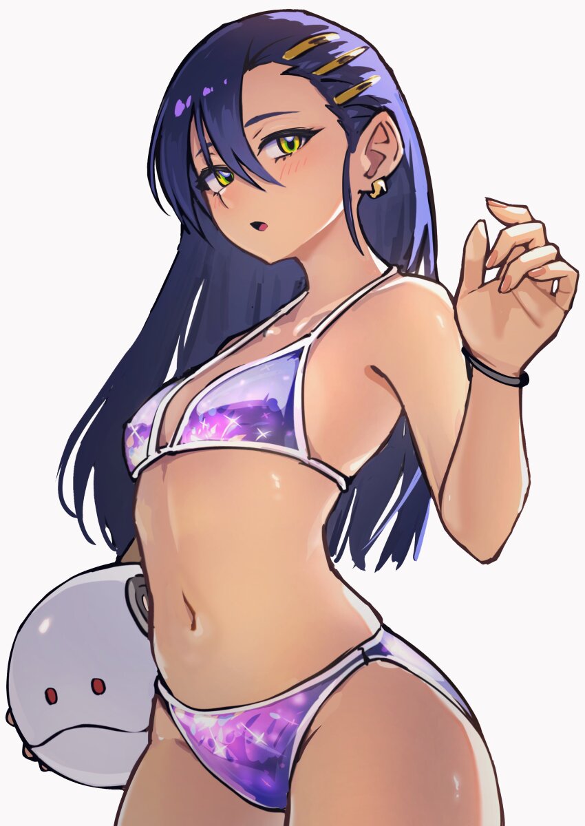 1girl :o absurdres ap_cammy bikini bracelet breasts commentary_request cowboy_shot dark-skinned_female dark_skin earrings green_eyes gundam gundam_gquuuuuux hair_between_eyes hair_ornament hand_up haro highres jewelry light_blush long_hair looking_at_viewer navel non-humanoid_robot nyaan_(gundam_gquuuuuux) parted_lips pet purple_bikini purple_hair revision robot simple_background small_breasts solo standing stomach swimsuit very_long_fingernails very_long_hair white_background
