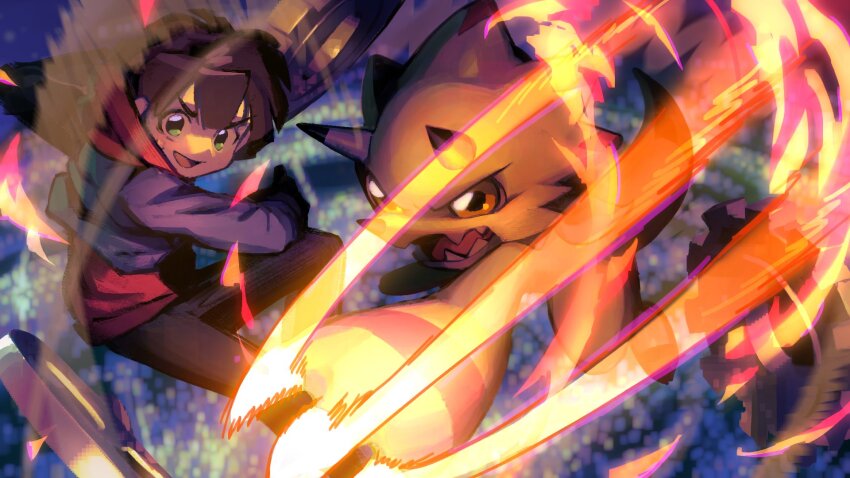 1boy amanokawa_hiro blue_jacket brown_hair claws digimon digimon_ghost_game gammamon gears green_eyes highres hood hoodie horns jacket red_hoodie s_nample sharp_teeth slashing teeth triceratops