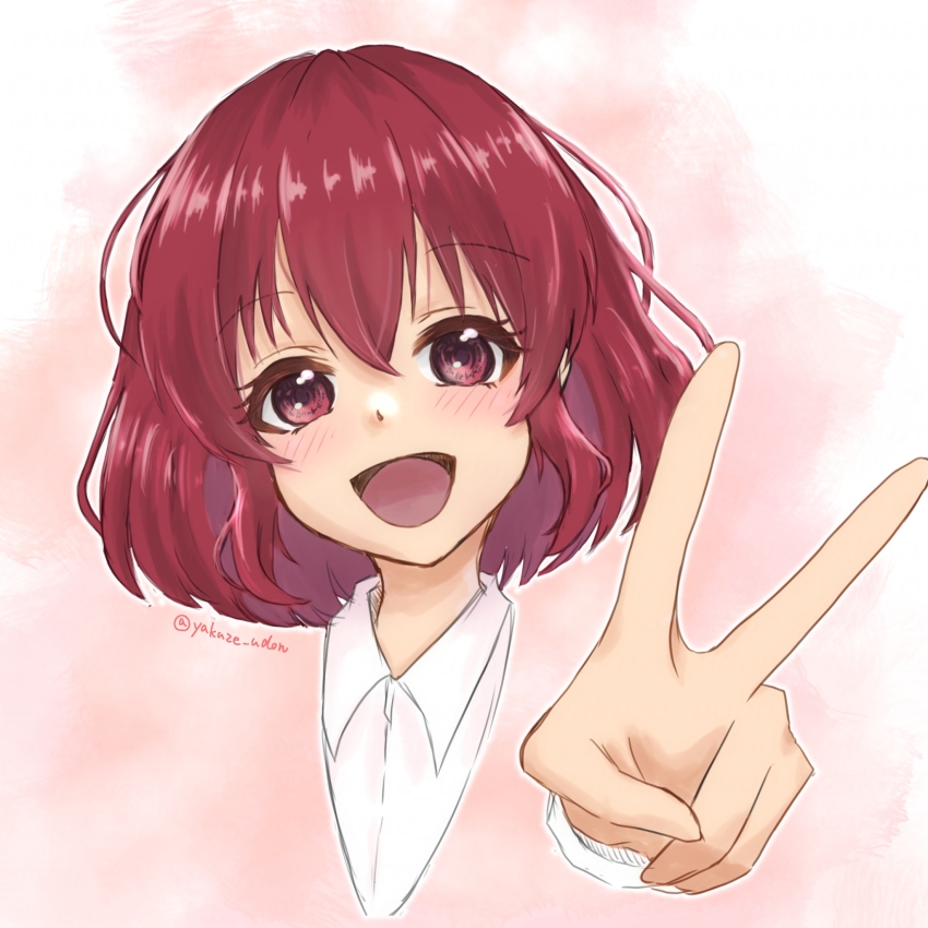 1girl :d artist_name blush bob_cut close-up commentary cropped_torso disembodied_hand dress_shirt hair_between_eyes happy highres kushieda_minori looking_at_viewer messy_hair open_mouth outstretched_hand pink_background portrait raised_eyebrows red_eyes red_hair ringed_eyes shirt short_hair smile solo toradora! twitter_username v white_background white_shirt yakuze_udon