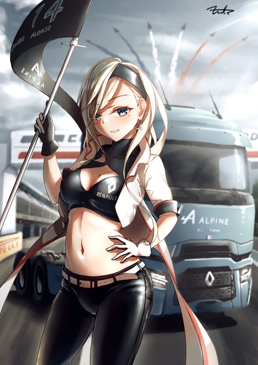 1girl absurdres alternate_costume belt black_gloves black_headband black_pants blonde_hair blue_eyes breasts brown_belt crop_top day fritz614 gloves hair_between_eyes headband highres kantai_collection long_hair medium_breasts mole mole_under_eye mole_under_mouth motor_vehicle outdoors pants richelieu_(kancolle) solo standing truck two-tone_gloves white_gloves