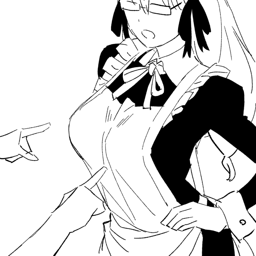 1girl apron breasts commentary glasses greyscale hair_ribbon hand_on_own_hip highres juliet_sleeves long_hair long_sleeves maid maid_apron medium_breasts monochrome neck_ribbon onsen_tamago_(hs_egg) open_mouth pointing pointing_at_another puffy_sleeves ribbon simple_background soredemo_machi_wa_mawatteiru standing tatsuno_toshiko white_background wrist_cuffs