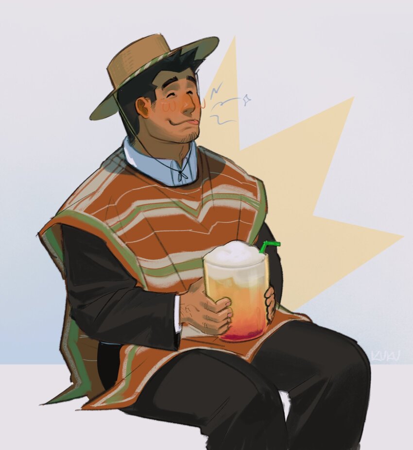 1boy ace_attorney bara black_hair black_jacket black_pants blush dick_gumshoe facial_hair fingernails foam goatee_stubble hand_hair happy highres invisible_chair jacket kukustar_(kukuu) male_focus mexican_dress pants poncho sitting smile solo stubble tongue tongue_out