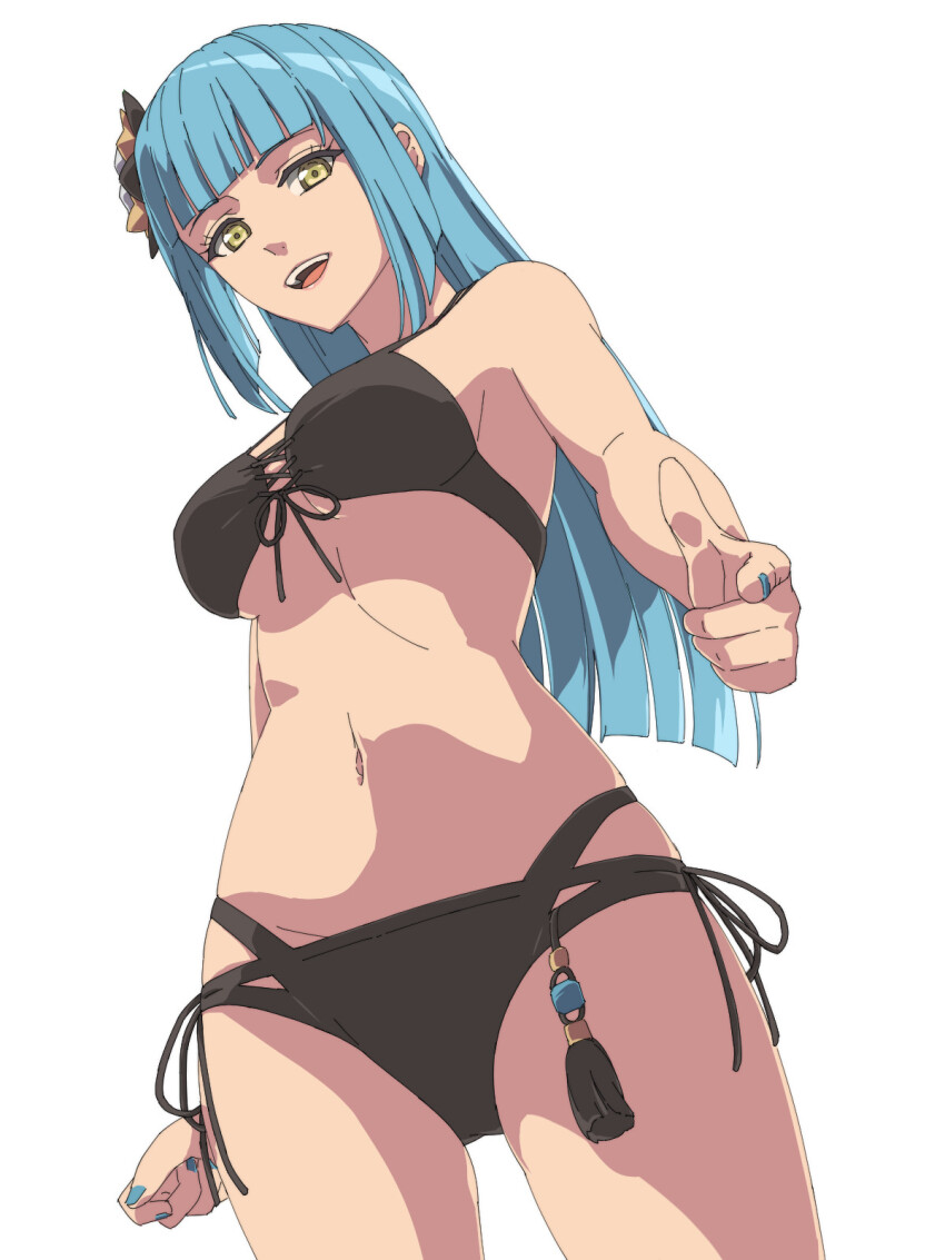 1girl bikini black_bikini blue_hair breasts chiharu_(9654784) eiyuu_densetsu front-tie_bikini_top front-tie_top groin highres hime_cut kai_no_kiseki kuro_no_kiseki_(series) long_hair looking_at_viewer medium_breasts midriff nail_polish navel open_mouth risette_twinings simple_background smile solo swimsuit white_background yellow_eyes