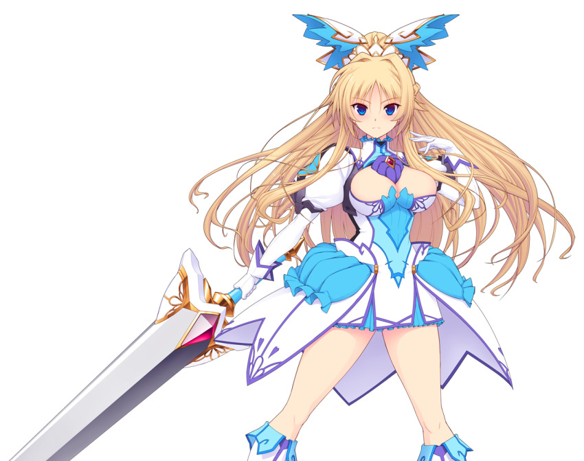 1girl blonde_hair blue_eyes boots breasts cleavage cleavage_cutout clothing_cutout dress erika_la_etienne game_cg gloves hair_ornament holding holding_weapon kourin_tenshi_en_ciel_rena large_breasts large_variant_set long_hair looking_at_viewer magical_girl non-web_source official_art puffy_sleeves saitou_natsuki skirt smile solo suhamaya sword transparent_background variant_set weapon white_gloves