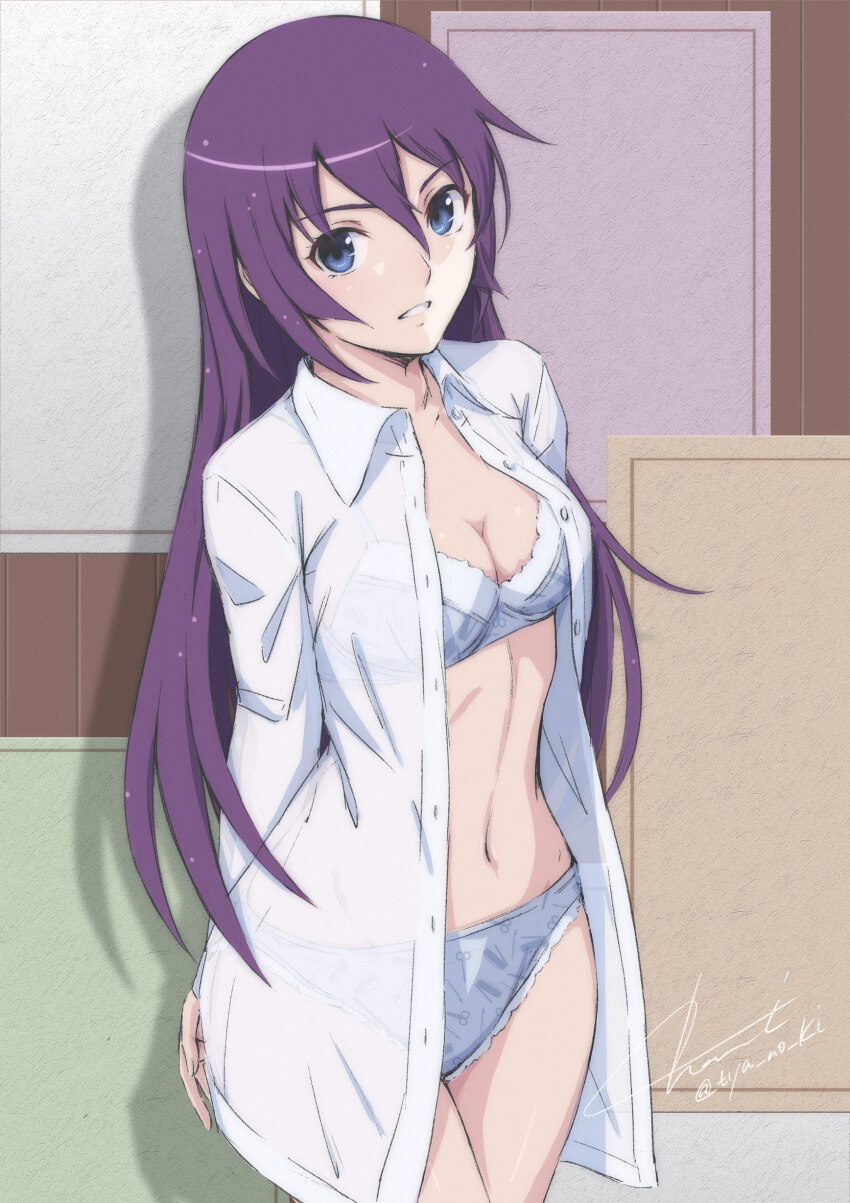 1girl absurdres arms_behind_back bakemonogatari blue_eyes bra breasts cleavage collarbone collared_shirt commentary_request cowboy_shot hair_between_eyes highres long_hair long_shirt long_sleeves looking_at_viewer matching_underwear medium_breasts monogatari_(series) navel open_clothes open_shirt panties parted_lips print_bra print_panties purple_eyes scissor_print senjougahara_hitagi shadow shirt signature solo straight_hair twitter_username tyanoki unbuttoned underwear very_long_hair white_shirt