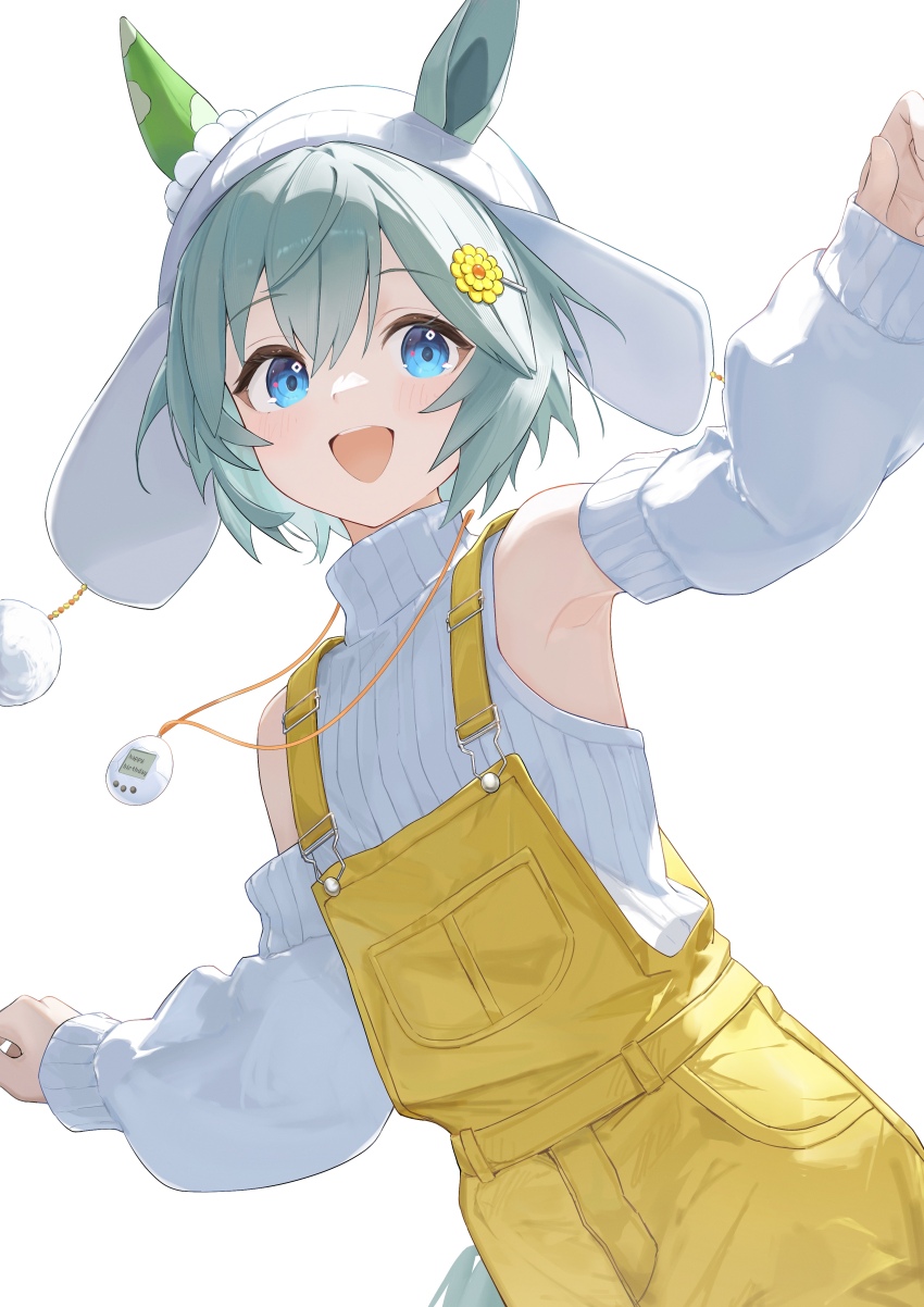 1girl absurdres amanun animal_ears blue_eyes blush commentary_request detached_sleeves ear_covers ears_through_headwear grey_hair hair_between_eyes hair_ornament hairclip hat highres horse_ears horse_girl horse_tail knit_hat lanyard long_sleeves official_alternate_costume open_mouth overalls pom_pom_(clothes) puffy_sleeves seiun_sky_(umamusume) short_hair simple_background single_ear_cover sleeveless sleeveless_sweater smile solo sweater tail tamagotchi umamusume white_background white_hat white_sweater yellow_overalls
