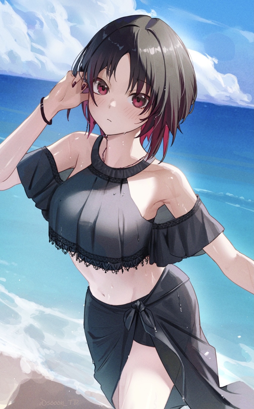 1girl arm_up armpits bare_shoulders bikini black_bikini black_hair black_nails blue_sky blush breasts closed_mouth cloud cowboy_shot day gradient_hair highres horizon iris_black_games kisaragi_ren_(vtuber) long_hair medium_breasts multicolored_hair nail_polish navel ocean outdoors parted_bangs red_eyes red_hair sarong see-through_clothes short_hair sky solo sooon swimsuit virtual_youtuber vspo! water wristband