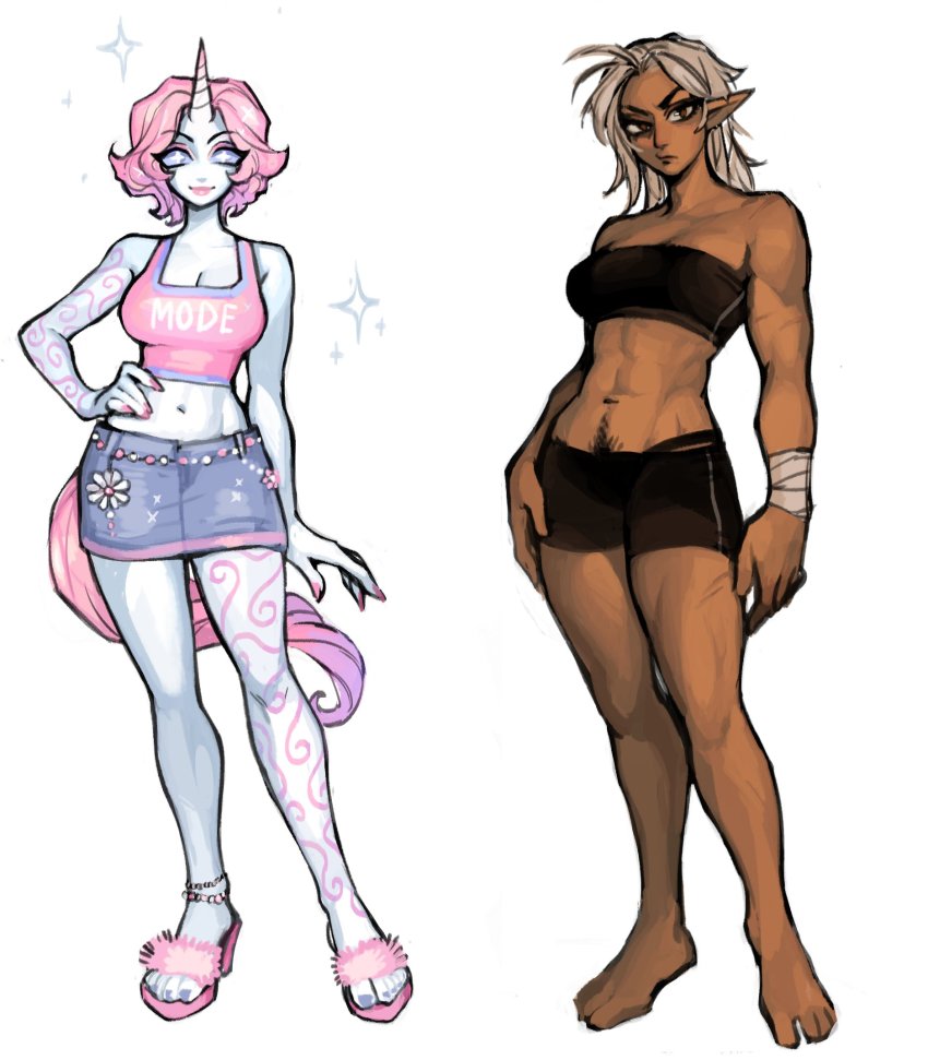 +_+ 2girls barefoot black_shorts blingee_(matilda_fiship) blue_sclera blue_skirt breasts brown_eyes cleavage closed_mouth colored_sclera colored_skin dark-skinned_female dark_skin denim denim_skirt female_pubic_hair fingernails grey_hair hand_on_own_hip highres lipstick looking_at_viewer makeup matilda_fiship medium_hair midriff miniskirt multiple_girls nail_polish navel navel_hair olivia_(matilda_fiship) original pink_hair pink_lips pink_nails pointy_ears pubic_hair sandals short_hair short_shorts shorts simple_background skirt smile tank_top white_background white_skin