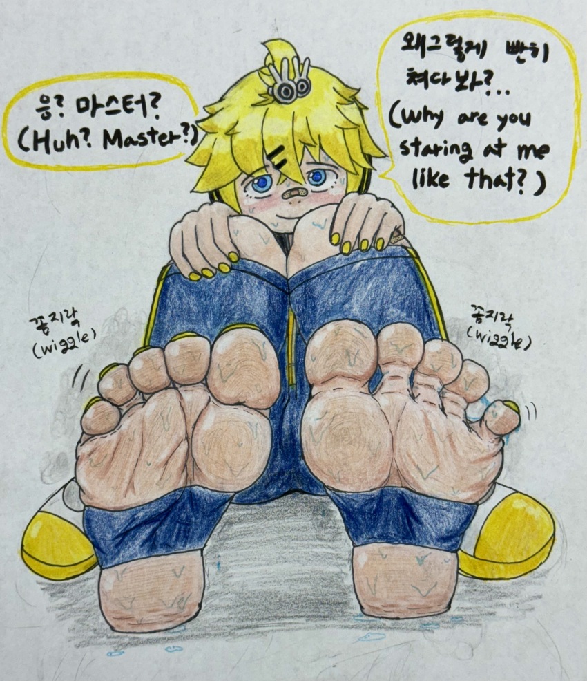 1boy absurdres bandaid bandaid_on_face bandaid_on_nose blonde_hair blue_eyes blush ddolgi12 feet foot_focus highres kagamine_len looking_at_viewer nail_polish shoes soles steam stirrup_legwear sweat tagme talking toe_scrunch toeless_legwear toenail_polish toenails traditional unworn_shoes vocaloid wiggling_toes yellow_nails