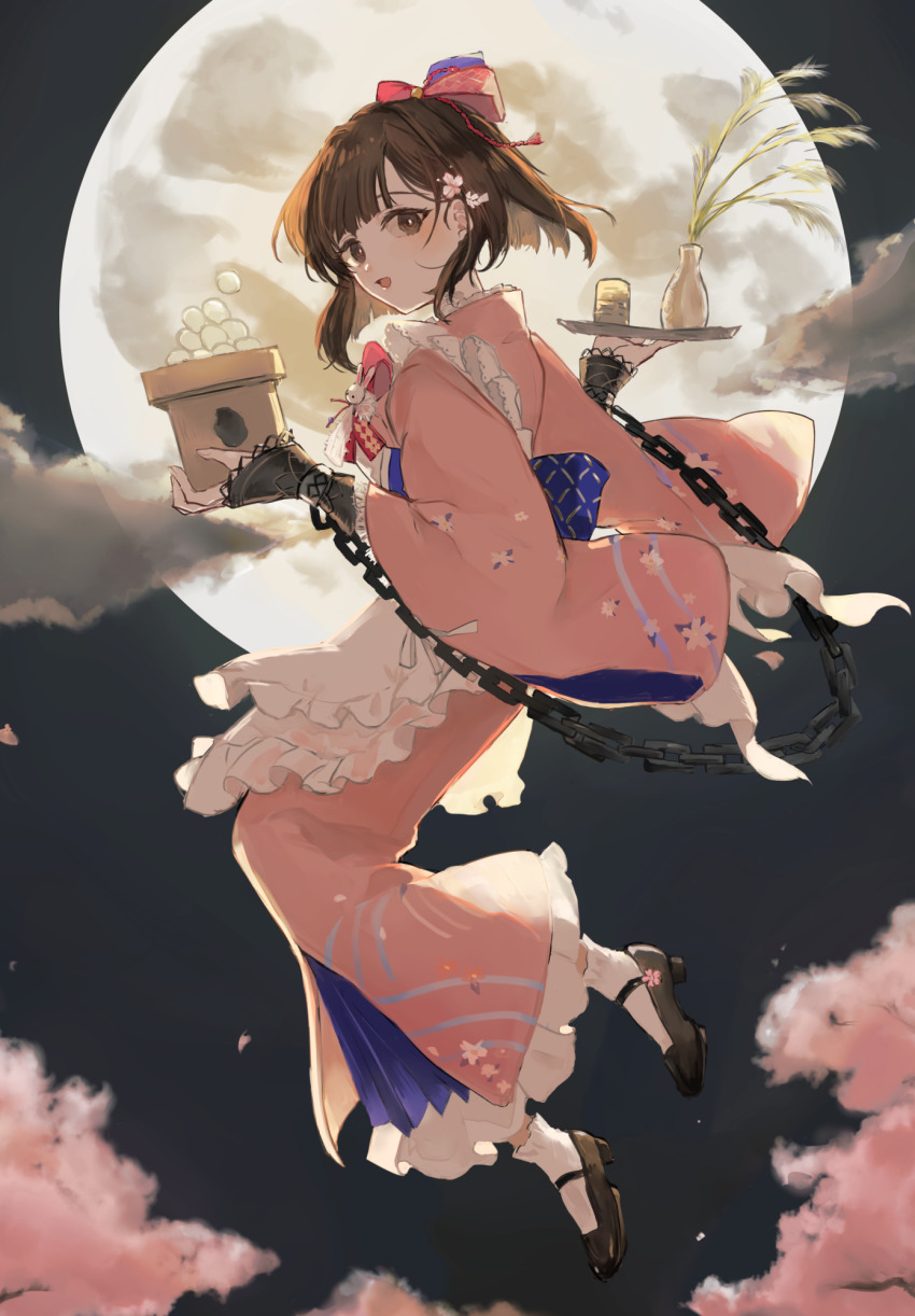 1girl :d apron backlighting black_shoes black_sky blunt_bangs blunt_ends bob_cut bow brown_eyes brown_hair chain cherry_blossoms cuffs dango flower food frilled_apron frills from_side full_body full_moon hair_bow hands_up highres holding holding_tray huge_moon japanese_clothes jumping karako_(red-tea) kimono knees_up looking_at_viewer maid mary_janes moon night night_sky open_mouth pink_flower pink_kimono red_bow reverse:1999 satsuki_(reverse:1999) shoes short_hair sky smile socks solo susuki_grass tokkuri tray tsukimi tsukimi_dango wa_maid wagashi white_apron white_socks wide_sleeves