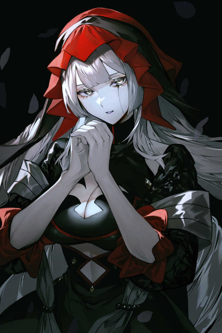 1girl absurdres albino_(a1b1n0623) breasts cleavage crying dress fate/grand_order fate_(series) highres large_breasts long_hair looking_at_viewer marie_antoinette_alter_(fate) marie_antoinette_alter_(second_ascension)_(fate) marie_antoinette_(fate) marie_antoinette_alter_(fate) marie_antoinette_alter_(second_ascension)_(fate) solo very_long_hair white_hair yellow_eyes