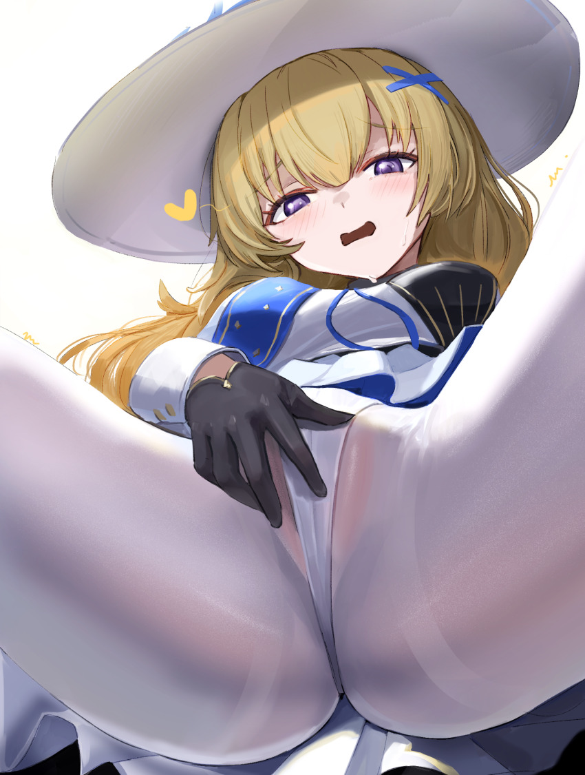 1girl black_gloves blonde_hair fingering fingering_through_clothes gloves hat heart highres long_hair long_sleeves open_mouth panties pantyhose phoebe_(wuthering_waves) prev/next purple_eyes simple_background solo through_clothes underwear white_background white_hat white_panties white_pantyhose wuthering_waves