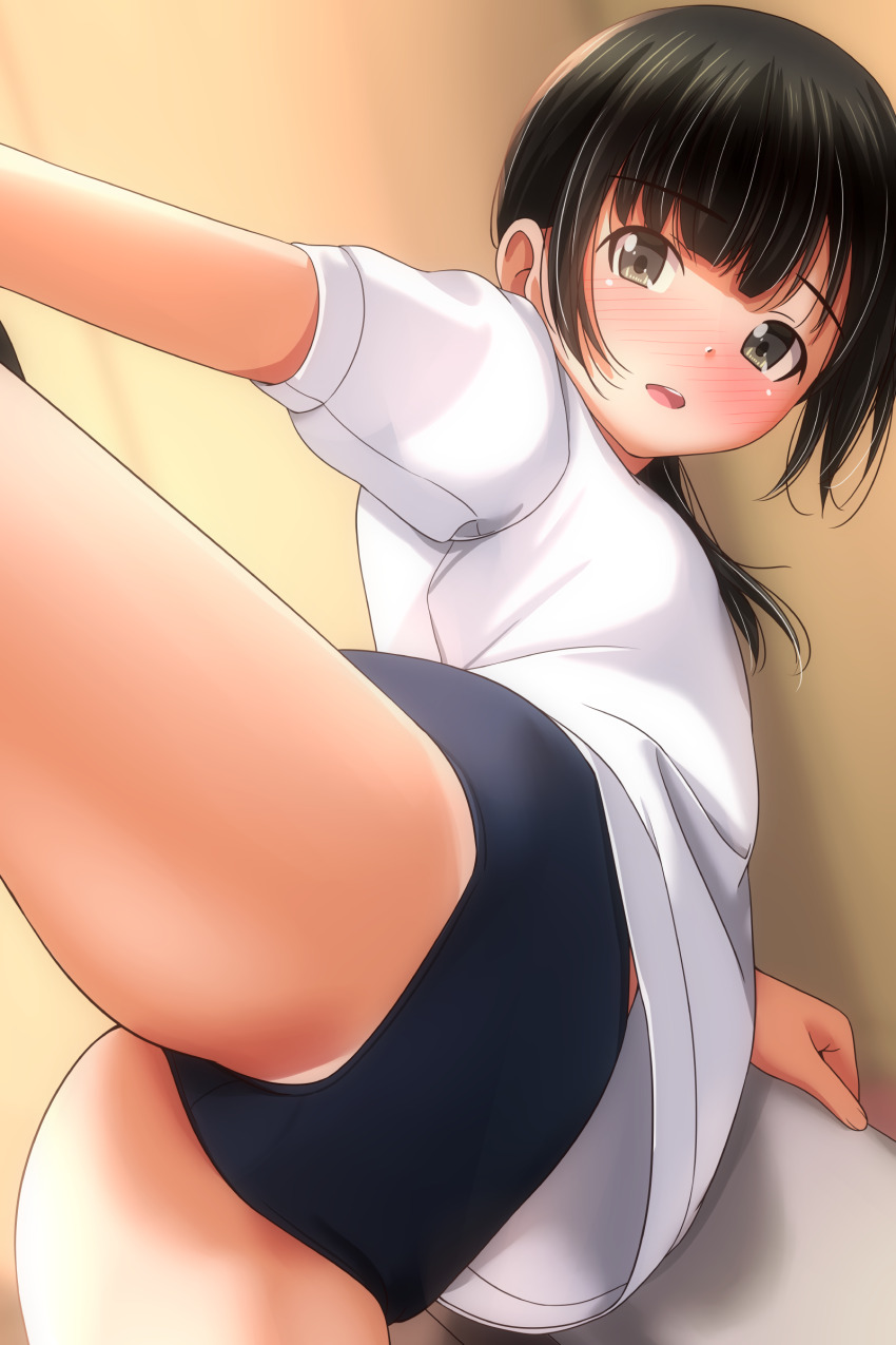 1girl absurdres black_hair blue_buruma blush brown_eyes buruma commentary_request gym_uniform highres looking_at_viewer matsunaga_kouyou open_mouth original shirt short_sleeves solo standing standing_on_one_leg stretching teeth upper_teeth_only white_shirt