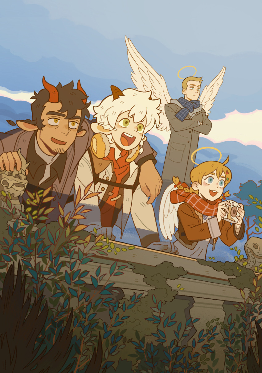 1girl 3boys :3 :d absurdres all_saints_street angel angel_wings animal_ears arm_around_neck beard_stubble black_hair blonde_hair blue_eyes blue_sky bow braid brother_and_sister brothers brown_hair brown_horns brown_jacket brown_shirt brown_vest camera chinese_commentary closed_mouth cloud coat commentary_request cropped_jacket crossed_arms dark-skinned_male dark_skin demon_boy dress earmuffs earmuffs_around_neck facial_hair feathered_wings goat_ears green_eyes grey_coat hair_bow halo highres holding holding_camera horns jacket lily_angel long_hair long_sleeves lynn_angel moss multiple_boys neil_bowman nick_holt official_art open_clothes open_jacket open_mouth open_vest outdoors plaid_clothes plaid_scarf plant red_bow red_horns red_scarf scarf shirt short_hair siblings sky smile statue stubble traditional_halo tree twin_braids vest white_dress white_hair white_jacket white_wings wings