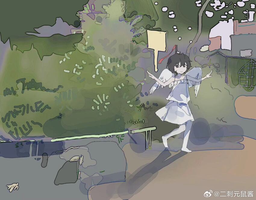1other alternate_costume androgynous angel_wings bare_arms bare_legs bare_shoulders barefoot black_eyes black_hair black_hat bush chinese_commentary closed_mouth commentary_request corallo dancing day dress feathered_wings full_body hair_between_eyes happy hat hat_ribbon len&#039;en looking_at_viewer medium_dress other_focus outdoors outstretched_arms park red_ribbon ribbon senri_tsurubami shadow short_hair sleeveless sleeveless_dress smile solo spaghetti_strap sundress tate_eboshi tree watermark weibo_watermark white_dress white_wings wings
