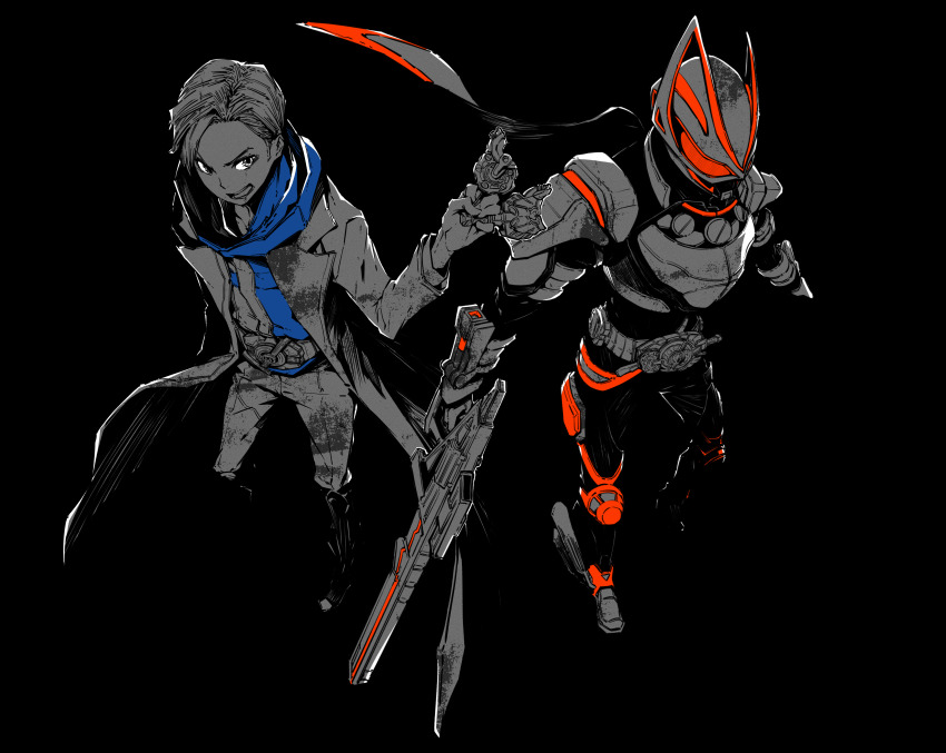 absurdres belt black_background blue_shirt boost_buckle commentary compound_eyes desire_driver rider_belt dual_persona floating_scarf fox_mask from_above greyscale gun highres holding holding_gun holding_weapon jacket kamen_rider kamen_rider_geats kamen_rider_geats_(series) kitsune linnnoj magnum_boost magnum_buckle magnum_shooter_40x mask monochrome open_mouth red_eyes rider_belt rifle scarf shirt simple_background sketch smile spot_color tokusatsu ukiyo_ace weapon