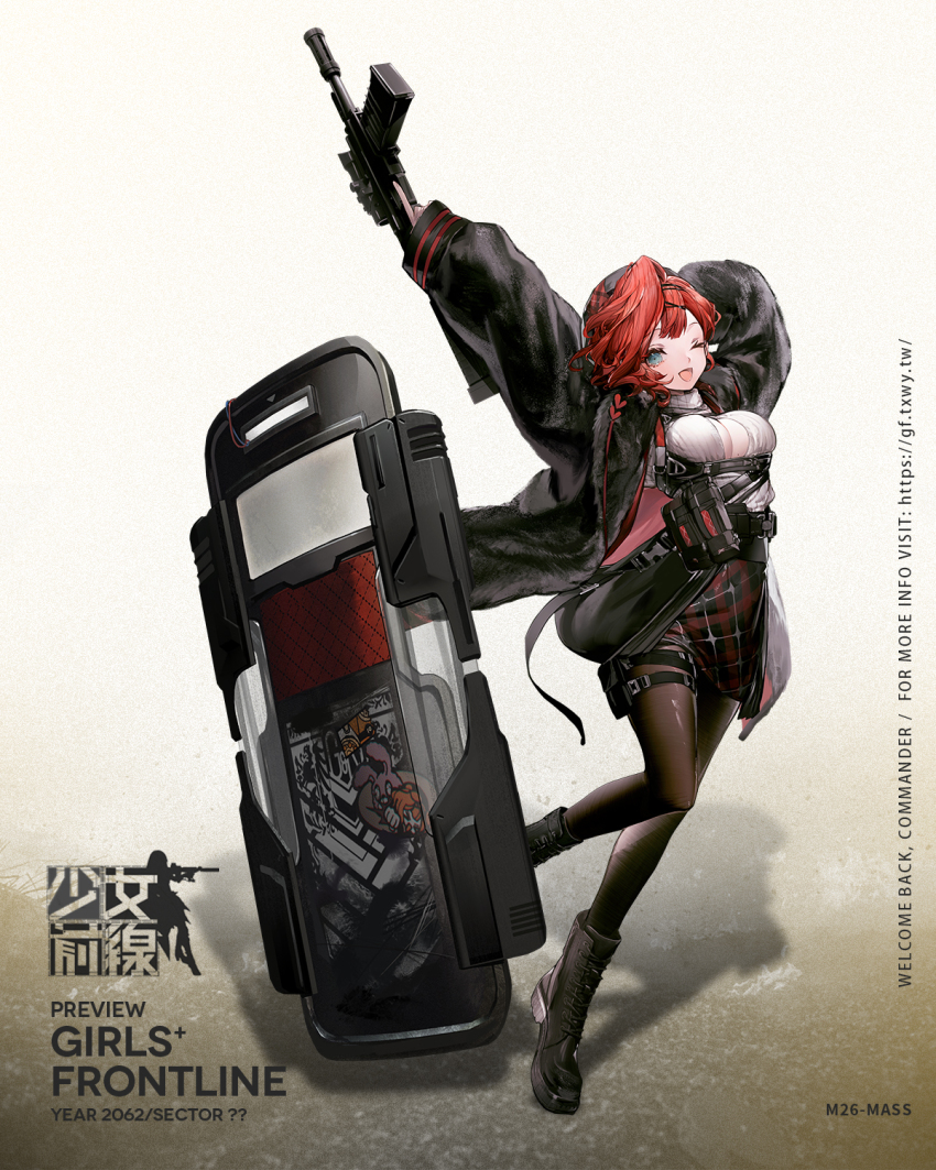 1girl ammunition_pouch arm_behind_head artist_request ballistic_shield beret black_boots black_jacket black_pantyhose black_skirt blue_eyes blush bolt-action_shotgun bolt_action boots breasts buckle character_name character_request cleavage commentary_request copyright_name full_body girls&#039;_frontline gun hair_between_eyes hair_ornament hairclip hat highres holding holding_gun holding_weapon jacket lace-up_boots looking_at_viewer m26-mass m26-mass_(girls&#039;_frontline) medium_breasts medium_hair modular_weapon_system official_art one_eye_closed open_clothes open_jacket open_mouth pantyhose plaid_clothes plaid_skirt pouch promotional_art red_hair shield shotgun simple_background skirt smile snap-fit_buckle solo stand-alone_configuration standing straight-pull_shotgun straight_pull sweater transforming_weapon turtleneck turtleneck_sweater weapon white_sweater