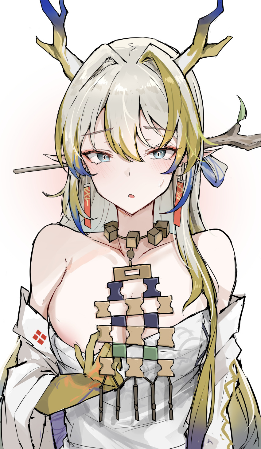1girl :o absurdres arknights bare_shoulders blonde_hair blush breasts clothes_pull collarbone colored_skin dragon_girl dragon_horns earrings embarrassed eyes_visible_through_hair grey_eyes grey_hair grey_horns hair_between_eyes hair_intakes highres horns jacket jewelry large_breasts long_hair looking_at_viewer mango_(mgo) multicolored_hair necklace off_shoulder open_clothes open_jacket paid_reward_available parted_lips pointy_ears pulling_own_clothes purple_hair purple_horns shu_(arknights) single_sidelock sketch solo split_mouth strapless sweatdrop tube_top tube_top_pull upper_body white_background white_jacket white_tube_top yellow_horns