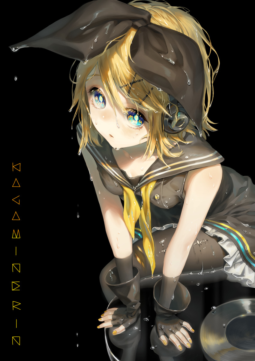 absurdres arm_support black_background black_bow black_collar black_dress black_gloves blonde_hair blue_eyes blush bow character_name collar commentary dress english_commentary expressionless fingerless_gloves frilled_dress frills gloves hair_bow hair_ornament hairclip headphones highres kagamine_rin korean_commentary leaning_forward light_blush looking_at_viewer mixed-language_commentary nail_polish neckerchief oohhya pantyhose parted_lips reflection sailor_collar short_hair sitting sleeveless sleeveless_dress solo sour_model_(mikumikudance) swept_bangs vinyl_record vocaloid water_drop wet yellow_nails yellow_neckerchief