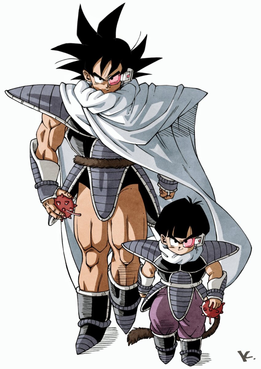 2boys armor black_footwear black_hair boots breastplate cape character_request dragon_ball dragon_ball_z:_the_tree_of_might dragonball_z durian food fruit full_body highres holding holding_food holding_fruit kakeru_(dbskakeru) looking_at_viewer multiple_boys muscular muscular_male pants purple_pants scouter shirt short_hair simple_background sleeveless son_gohan spiked_hair toriyama_akira_(style) tullece white_background white_cape