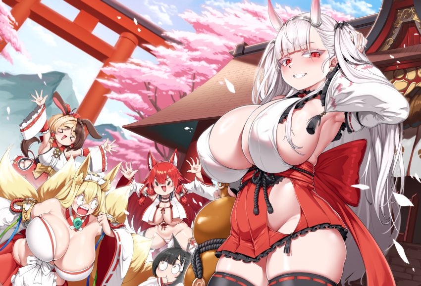 5girls animal_ear_fluff animal_ears black_hair blonde_hair blush breasts brown_hair chibi cho!cho! cleavage covered_erect_nipples cross cross_earrings curvy dog_ears dog_girl dog_tail draculina_(last_origin) earrings fangs fenrir_(last_origin) fox_ears fox_girl grin hachiko_of_castling hair_between_eyes highres hirume_of_heavenly_incense horns huge_breasts japanese_clothes jewelry kitsune kyuubi large_breasts last_origin long_hair looking_at_viewer miko multicolored_hair multiple_girls multiple_tails open_mouth plump pointy_ears red_eyes smile tail thick_thighs thighhighs thighs two-tone_hair vampire vargr_(last_origin) very_long_hair white_hair
