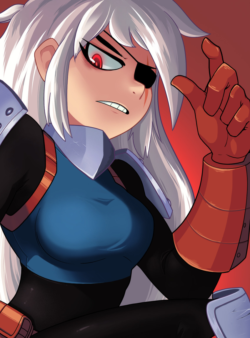 1girl armor blue_shirt bodystocking breasts commentary darkcross dc_comics english_commentary eyepatch gloves glowing glowing_eye hand_up highres long_hair looking_at_viewer medium_breasts parted_lips pouch red_background red_eyes red_gloves rose_wilson scar scar_across_eye scar_on_face shirt simple_background sleeveless sleeveless_shirt solo teen_titans teen_titans_go! upper_body white_hair