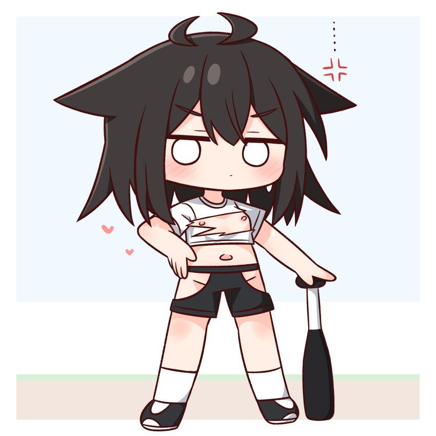 ... 1girl anger_vein baseball_bat black_hair black_shoes black_shorts blush breasts chibi closed_mouth crop_top full_body groin hair_between_eyes hana_kazari hand_on_own_hip heart highres hip_vent metal_baseball_bat midriff navel nipples o_o original shirt shoes short_sleeves shorts small_breasts socks solo standing thick_eyebrows torn_clothes torn_shirt v-shaped_eyebrows white_shirt white_socks