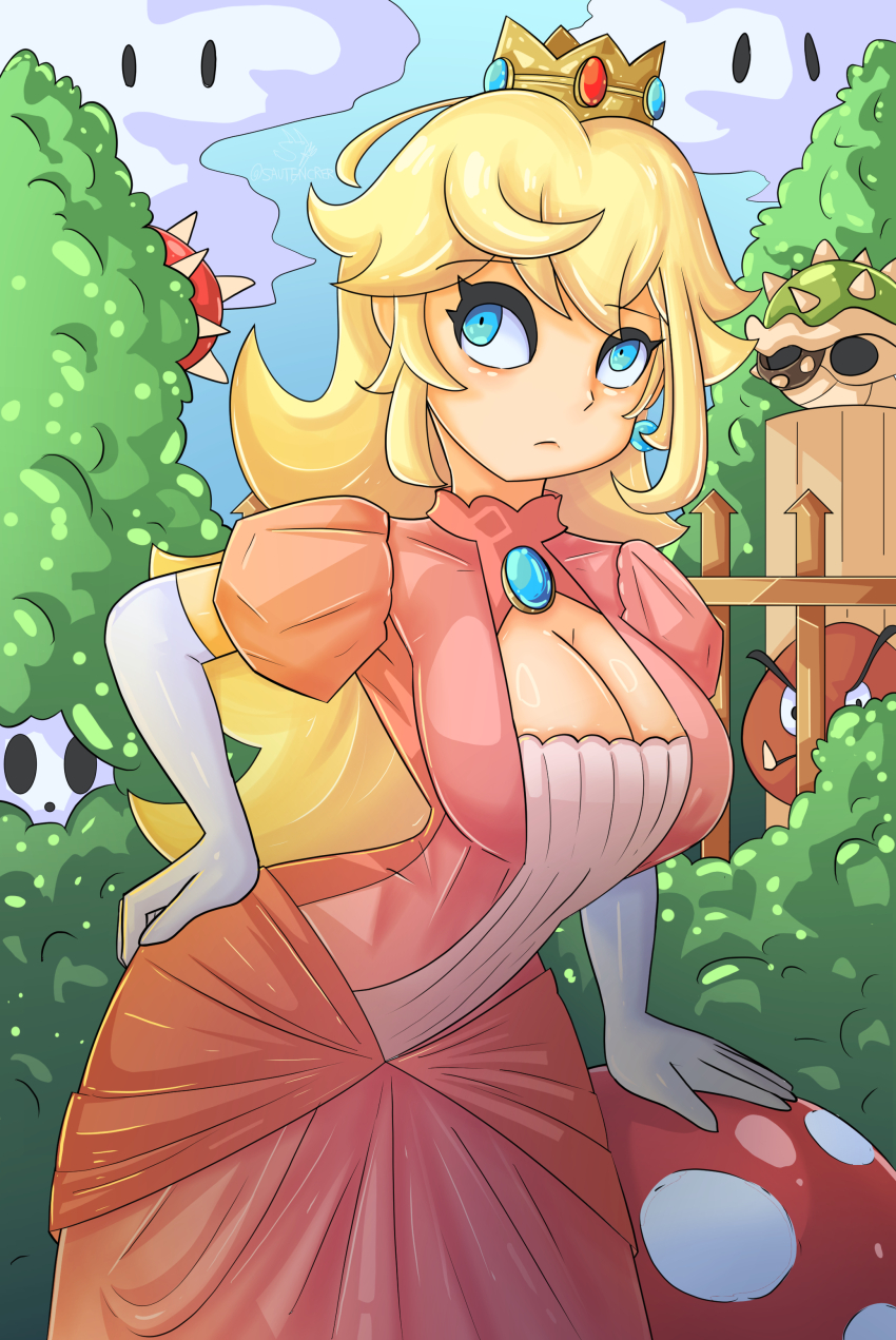 1girl absurdres arm_support blonde_hair blue_eyes breasts cleavage cleavage_cutout clothing_cutout dress gloves goomba hand_on_own_hip highres large_breasts leaning_forward long_hair mario_(series) nintendo peeking princess princess_peach shy_guy solo