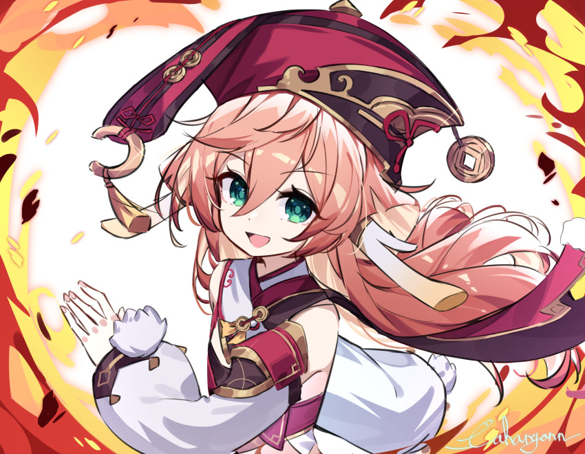 1girl :d antlers cahangonn coin coin_hat_ornament detached_sleeves fire genshin_impact green_eyes hair_between_eyes hat_ornament hat_tassel highres holed_coin horns long_sleeves looking_at_viewer open_mouth pink_hair red_headwear signature smile solo tassel upper_body yanfei_(genshin_impact)