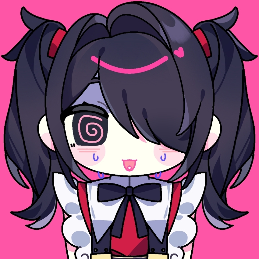 1girl @_@ aibo658933 ame-chan_(needy_girl_overdose) black_hair chibi chibi_only hair_over_one_eye neck_ribbon needy_girl_overdose pill_on_tongue pink_background red_shirt ribbon shirt short_twintails sidelocks solo suspenders sweat twintails upper_body winged_sleeves