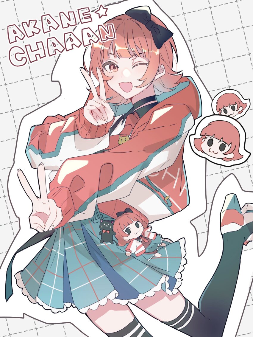 1girl :3 black_bow black_thighhighs blue_skirt bow character_doll character_name doll double_v hair_bow hand_up hayamachi high_heels highres idolmaster idolmaster_million_live! jacket leg_up looking_at_viewer nonohara_akane one_eye_closed open_mouth outline pleated_skirt red_eyes red_hair short_hair skirt smile solo stuffed_animal stuffed_cat stuffed_toy thighhighs v white_outline