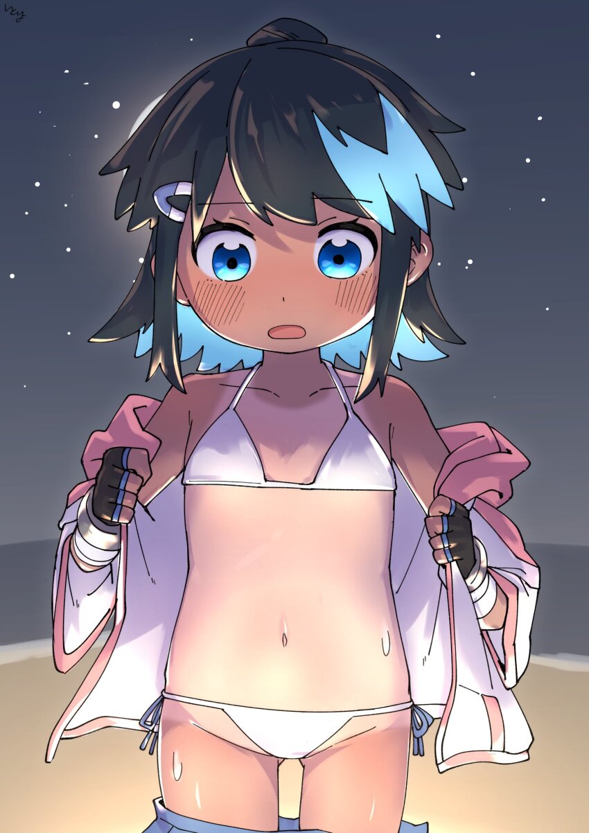 1girl ? beach bikini black_hair blue_eyes blue_hair breasts colored_inner_hair fingerless_gloves flat_chest gloves highres itoriyo multicolored_hair navel neapozi night night_sky raisei_no_ryu_tsukai sidelocks simple_background sky small_breasts sorano_minori star_(sky) swimsuit tan tanline third-party_edit white_background white_bikini
