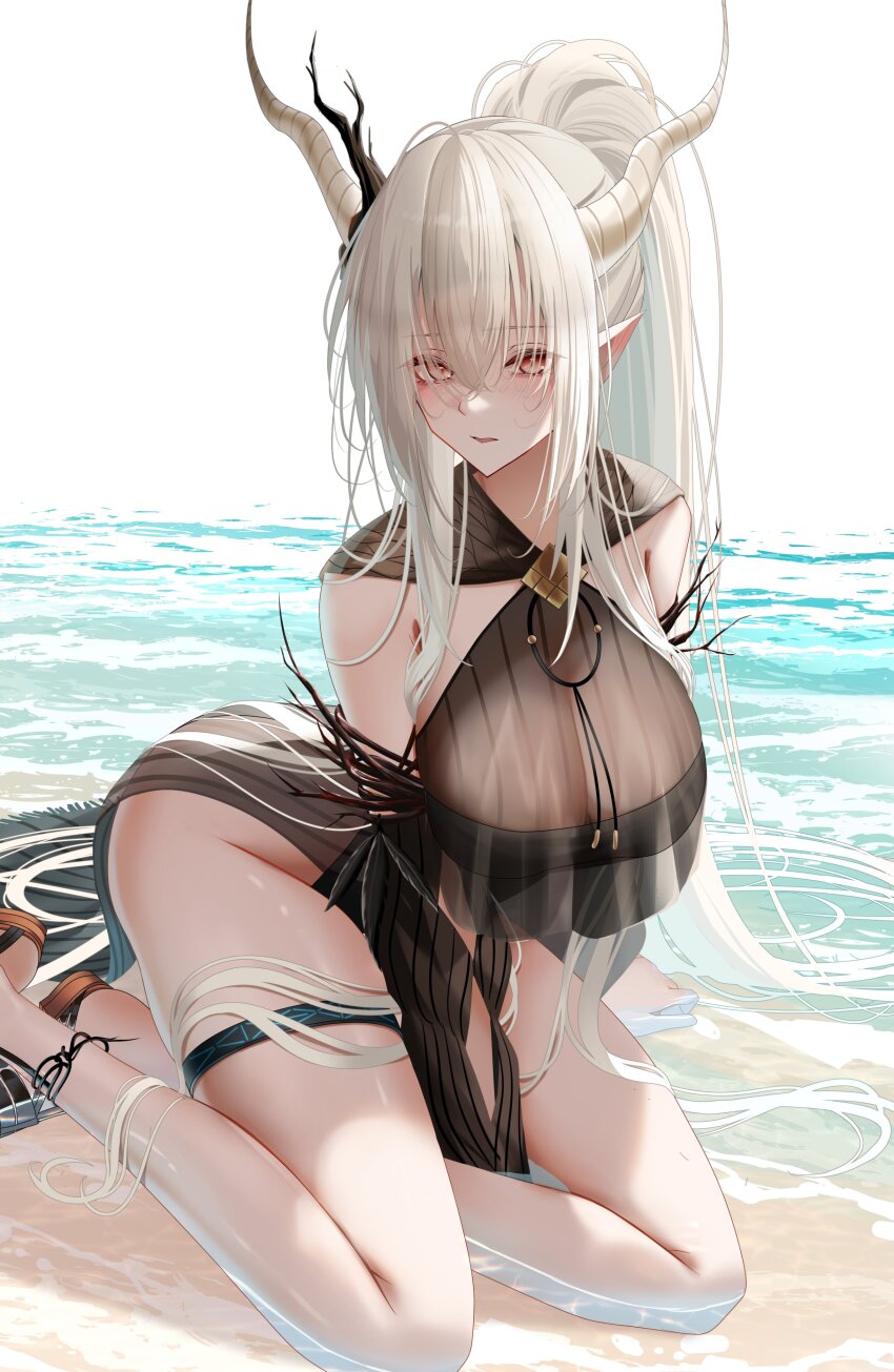 1girl absurdly_long_hair absurdres arknights bare_shoulders black_one-piece_swimsuit breasts brown_eyes commentary_request demon_horns hair_branch hair_spread_out highres horns infection_monitor_(arknights) large_breasts long_bangs long_hair looking_at_viewer official_alternate_costume one-piece_swimsuit open_mouth outdoors pointy_ears shallow_water shining_(arknights) shining_(silent_night)_(arknights) sitting solo sonna_watashi swimsuit swimsuit_cover-up thigh_strap thighs very_long_hair water yokozuwari