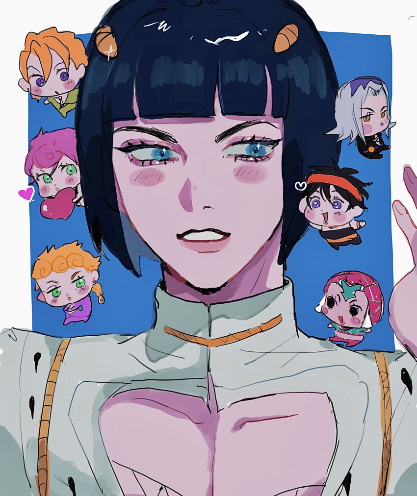 1girl 6+boys :d :o argyle_clothes argyle_sweater black_eyes black_hair blonde_hair blue_background blue_eyes blunt_bangs blush bowl_cut brown_eyes bruno_bucciarati chibi cleavage_cutout clothing_cutout giorno_giovanna green_eyes grey_hair guido_mista hair_ornament hairclip hand_up headband heart highres holding holding_heart jacket jojo_no_kimyou_na_bouken leone_abbacchio looking_at_another looking_at_pectorals male_focus matubaru_chan multiple_boys narancia_ghirga open_mouth orange_headband pannacotta_fugo pectoral_cleavage pectorals pink_hair purple_eyes smile solo_focus sweater trish_una vento_aureo victory_rolls white_background white_jacket