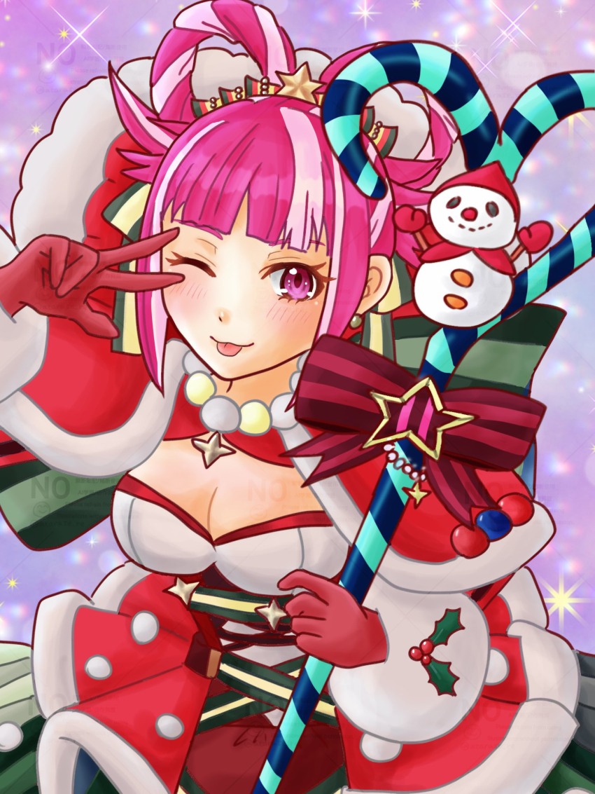 1girl atarase_re blunt_bangs breasts christmas cleavage dress facial_mark fire_emblem fire_emblem_engage fire_emblem_heroes folded_twintails fur_wrist_cuffs gloves hair_flaps hair_rings hat_ornament heart heart_facial_mark highres holly holly_hat_ornament hortensia_(fire_emblem) hortensia_(winter&#039;s_dearest)_(fire_emblem) medium_breasts multicolored_hair multicolored_tiara nintendo official_alternate_costume pantyhose pink_eyes pink_hair red_gloves santa_capelet santa_costume santa_dress striped_clothes striped_pantyhose two-tone_hair vertical-striped_clothes vertical-striped_pantyhose white_trim wrist_cuffs
