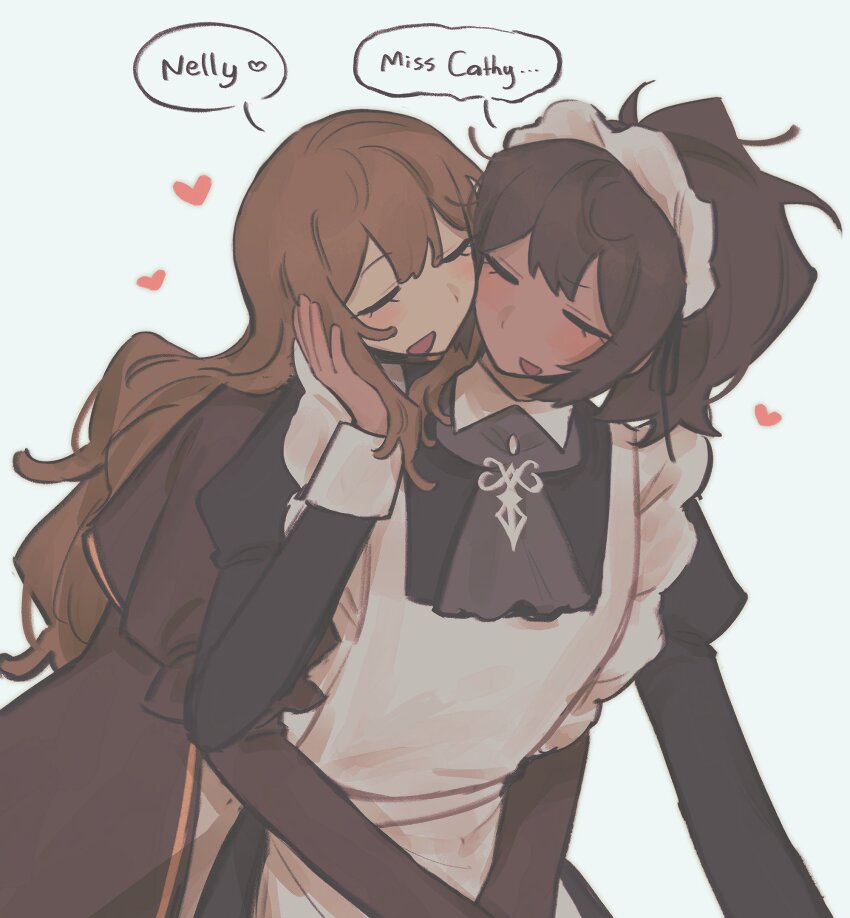 2girls apron black_dress black_hair blue_background blush brown_hair catherine_(project_moon) closed_eyes commentary dress english_commentary hand_on_another&#039;s_face heart highres hug hug_from_behind juliet_sleeves limbus_company long_hair long_sleeves maid_headdress multiple_girls nelly_(project_moon) open_mouth project_moon puffy_sleeves purple_dress simple_background smile white_apron white_headdress yobunkiii yuri