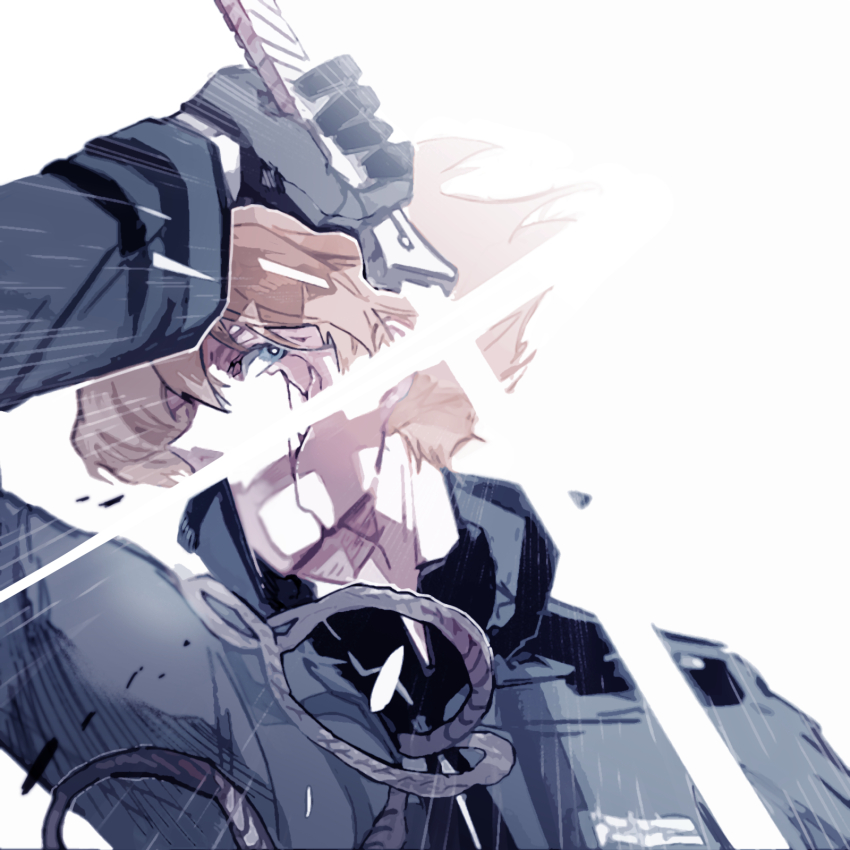 1boy aiguillette arm_up battle blocking blue_eyes blue_jacket cracked_skin energy_sword facing_to_the_side gloves glowing glowing_sword glowing_weapon highres holding holding_sword holding_weapon hyuse jacket kzmsnmjkk long_sleeves male_focus mikumo_squad&#039;s_uniform portrait short_hair sideways_glance simple_background solo sword weapon white_background world_trigger