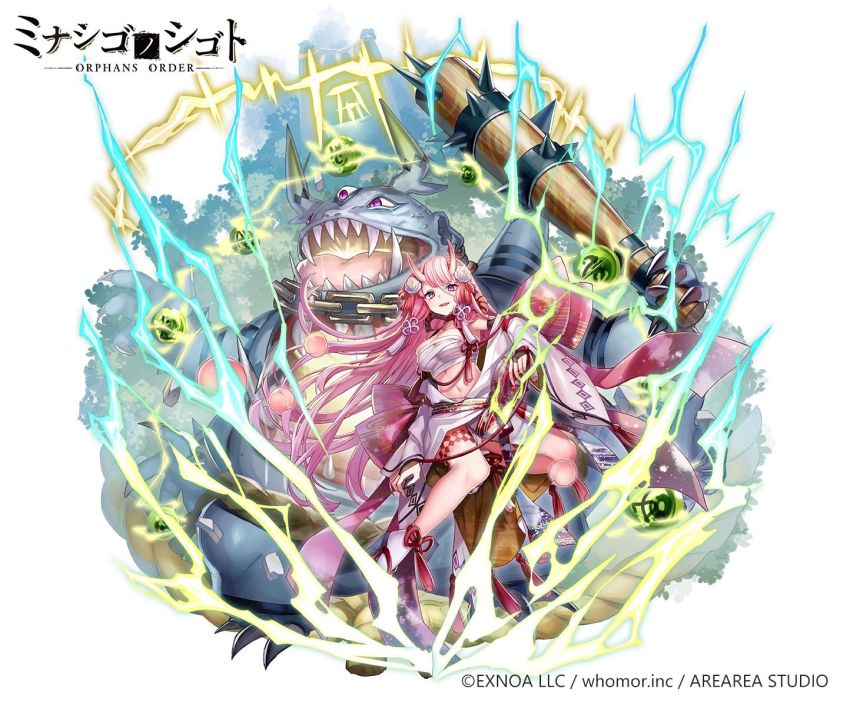 1girl black_sandals breasts bridal_gauntlets cleavage club club_(weapon) copyright_notice copyright_request flower hair_between_eyes hair_flower hair_ornament highres holding holding_weapon horns japanese_clothes kimono long_hair long_sleeves medium_breasts monster navel off_shoulder official_art open_mouth orb pink_hair purple_eyes rose ryuuki_(hydrangea) sandals sarashi sharp_teeth simple_background socks solo spiked_club tabi teeth third_eye very_long_hair watermark weapon white_background white_flower white_kimono white_rose white_socks wide_sleeves zouri