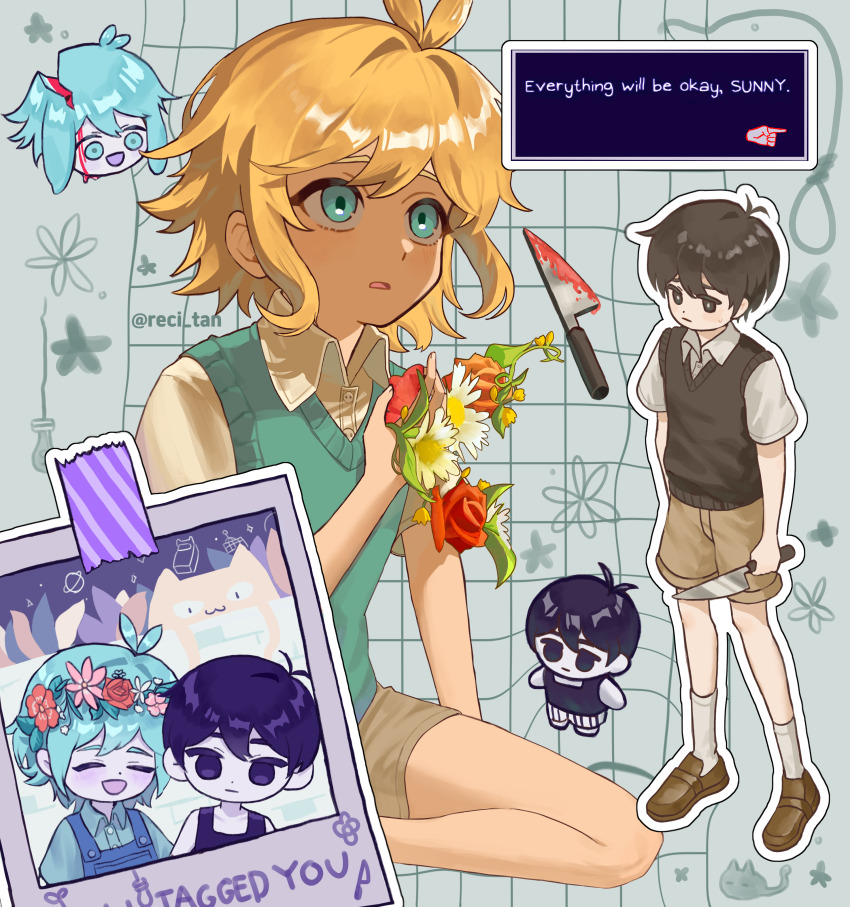 2boys absurdres antenna_hair basil_(faraway)_(omori) basil_(headspace)_(omori) basil_(omori) big_yellow_cat_(omori) black_eyes black_hair blonde_hair blue_eyes bright_pupils brown_footwear brown_shorts citan_(reci_tan) closed_mouth collared_shirt english_text flower green_eyes green_hair green_sweater_vest highres holding holding_flower mewo multiple_boys omori omori_(omori) parted_lips photo_(object) shirt short_hair short_sleeves shorts socks sunny_(omori) sweater_vest white_pupils white_shirt white_socks