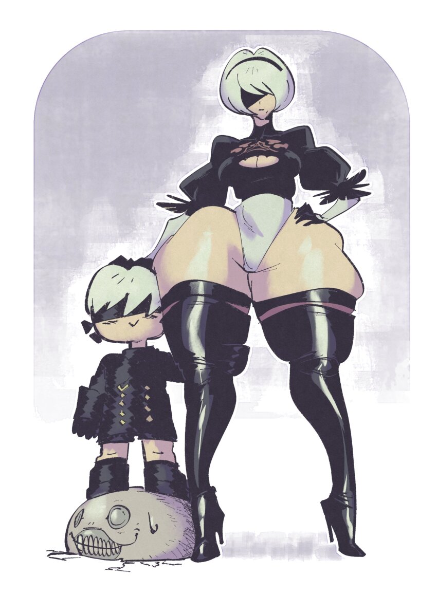 1girl 2b_(nier:automata) 2boys 9s_(nier:automata) absurdres blindfold boots breasts cleavage cleavage_cutout clothing_cutout curvy emil_(nier) female_focus gloves hand_on_own_hip high_heel_boots high_heels highres medium_breasts mole mole_under_mouth multiple_boys nier:automata nier_(series) short_hair skindentation slb thick_thighs thigh_boots thighs white_hair wide_hips