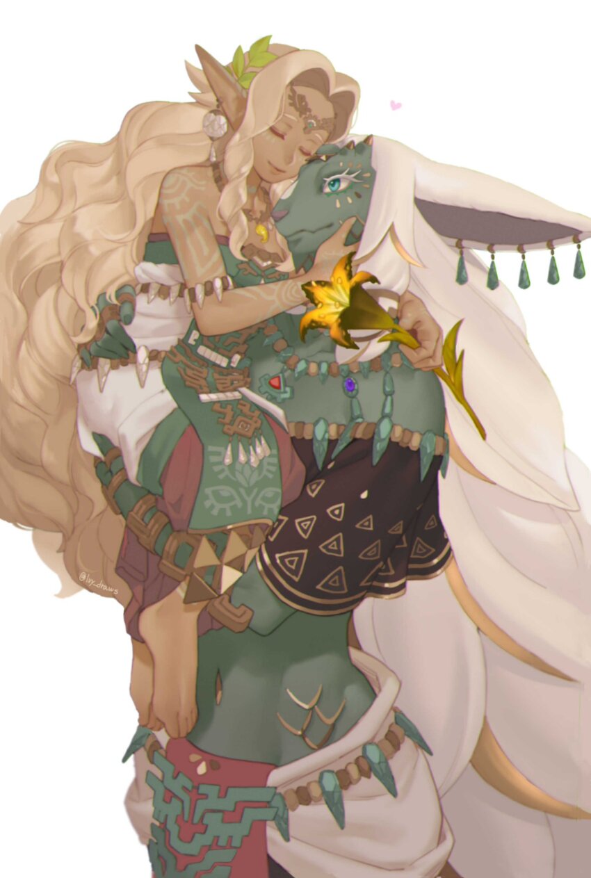1boy 1girl bare_shoulders barefoot blonde_hair closed_mouth colored_skin commentary cowboy_shot earrings english_commentary flower grey_skin highres holding holding_flower hug ivy_(sena0119) jewelry long_hair navel nintendo rauru_(tears_of_the_kingdom) ring shiny_skin short_sleeves simple_background smile sonia_(zelda) the_legend_of_zelda the_legend_of_zelda:_tears_of_the_kingdom very_long_hair white_background
