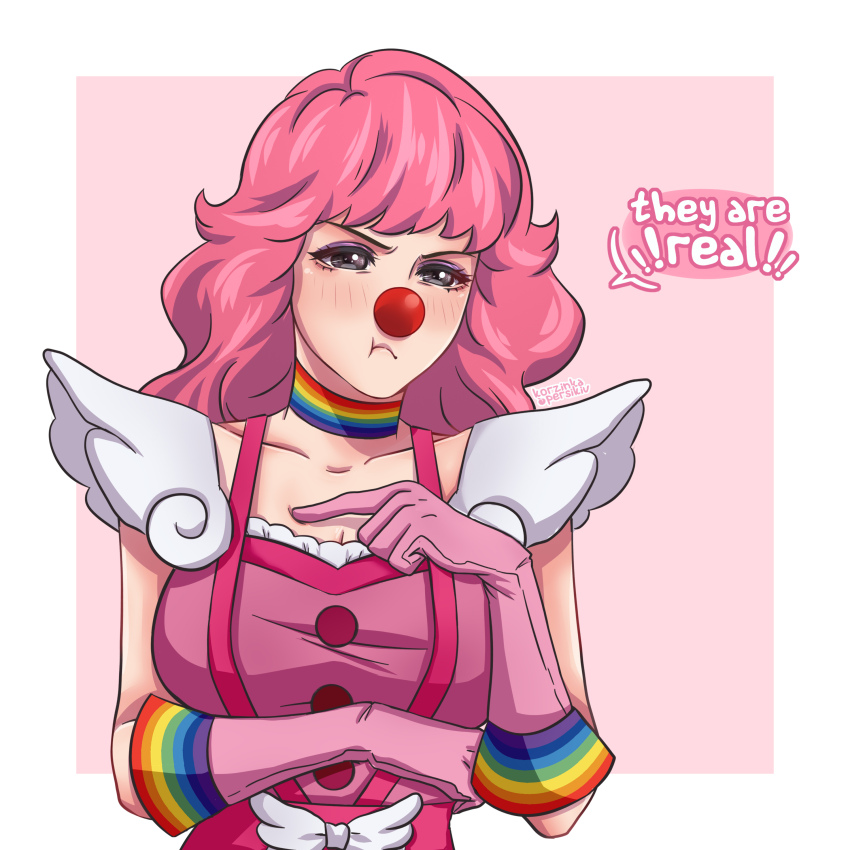 1girl :t absurdres ace_attorney alternate_breast_size black_eyes border breasts choker cleavage clown clown_nose commentary elbow_gloves english_text frown geiru_toneido gloves highres korzynka_persykiv large_breasts outside_border phoenix_wright:_ace_attorney_-_dual_destinies pink_gloves pink_hair pointing pout rainbow_print signature solo upper_body wavy_hair white_border