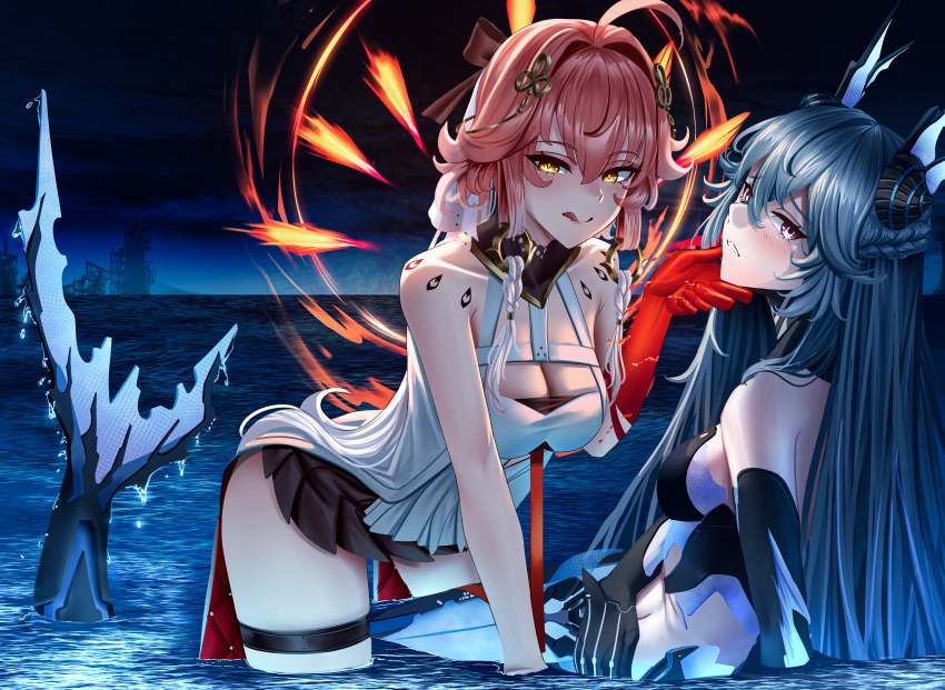 2girls :q absurdres ahoge armpit_crease bare_shoulders black_collar black_skirt blush body_markings braid breasts changli_(wuthering_waves) cleavage collar colored_extremities commentary commission company_connection dress hair_between_eyes hair_extensions hair_intakes hair_ornament headgear highres kuro_games lamia:_lost_lullaby_(pgr) lamia_(pgr) large_breasts leaning_forward long_hair looking_at_viewer manjo_(warito) mermaid monster_girl multicolored_hair multiple_girls no_jacket orange_eyes outdoors parted_lips pink_hair pixiv_commission punishing:_gray_raven red_hands ring_hair_extensions skirt symbol-only_commentary thigh_strap tongue tongue_out twin_braids two-tone_hair very_long_hair water wet white_dress white_hair wuthering_waves yuri
