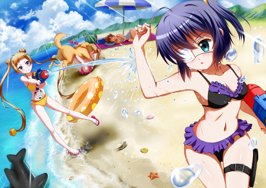 10s 4girls :o beach bikini black_bikini blonde_hair blue_eyes brown_hair chuunibyou_demo_koi_ga_shitai! closed_eyes day dekomori_sanae dog dutch_angle flip-flops food frilled_bikini frills fruit highres inflatable_toy innertube kerberos_(chuu2koi) long_hair multiple_girls navel nibutani_shinka one_side_up purple_hair sandals short_hair sleeping swim_ring swimsuit takanashi_rikka tsuyuri_kumin twintails very_long_hair water_drop water_gun watermelon wet whale windtalker yellow_bikini