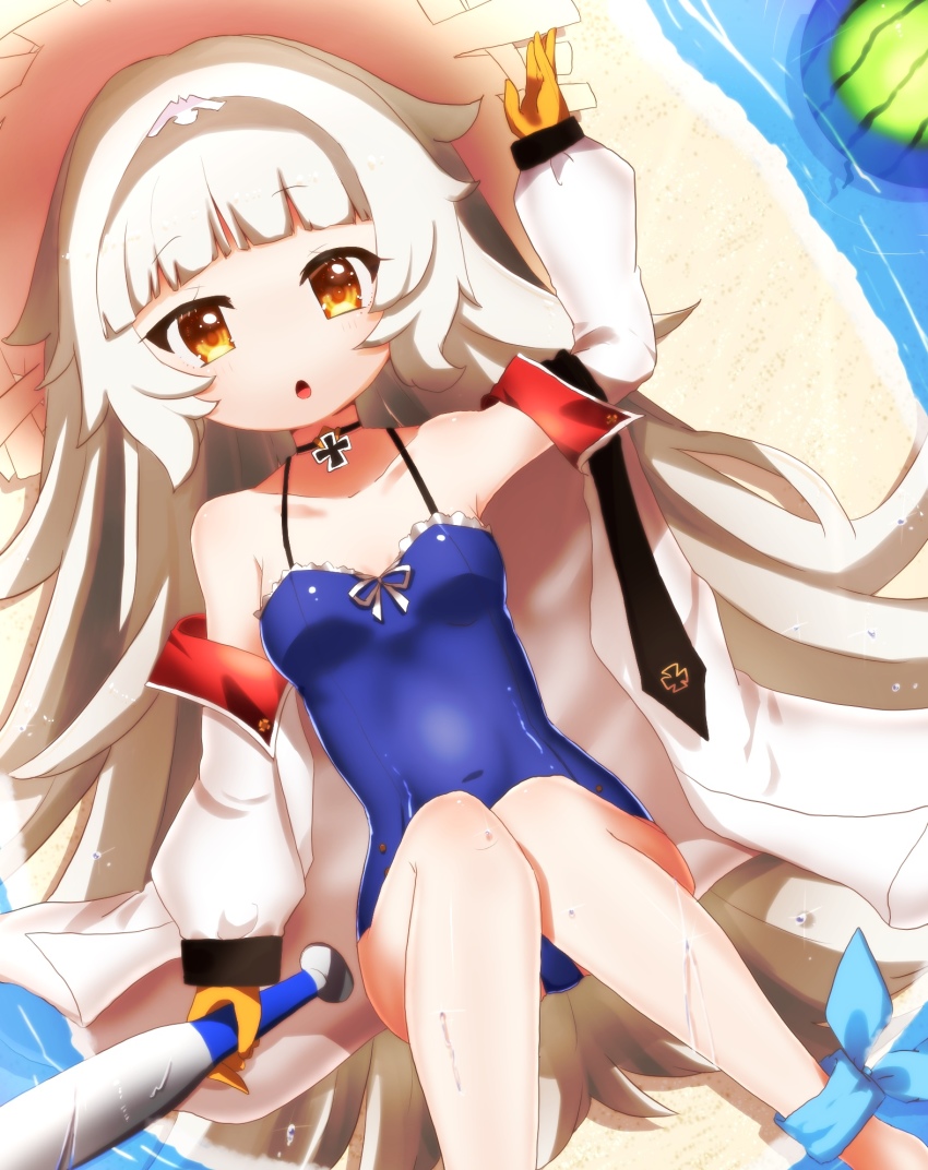azur_lane bandana bare_shoulders baseball_bat beach blue_one-piece_swimsuit blush breasts choker collar collared_jacket commentary_request covered_navel cross food fruit gloves hat highres holding holding_baseball_bat hugging_own_legs iron_cross jacket knees_up long_hair looking_at_viewer lying makalo_ni_hakase mole mole_under_eye necktie on_back one-piece_swimsuit open_clothes open_jacket open_mouth outdoors red_collar sand shiny_skin small_breasts solo straw_hat swimsuit very_long_hair water watermelon wet wet_clothes white_hair white_jacket yellow_eyes yellow_gloves z46_(azur_lane) z46_(her_first_summer)_(azur_lane)