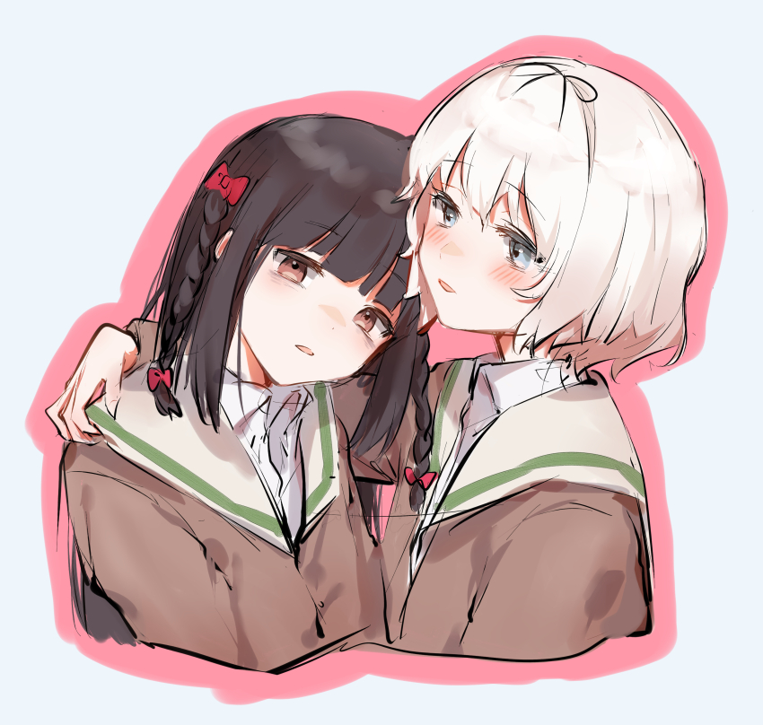 2girls absurdres arm_around_neck black_bow blue_eyes blunt_bangs blush bow braid brown_cardigan cardigan collared_shirt face-to-face hair_bow hanamura_hinako hand_on_another&#039;s_shoulder head_tilt highres kitanai_kimi_ga_ichiban_kawaii kuukip long_sleeves medium_hair multiple_girls red_bow red_eyes sezaki_airi shirt short_hair side_braid twin_braids white_hair white_shirt yuri