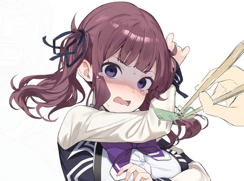 1girl 1other black_ribbon blazer blue_jacket blush bow bowtie brown_hair bug cevio chopsticks collared_shirt hair_ribbon holding holding_chopsticks jacket long_hair mole mole_under_eye natsuki_karin open_mouth purple_bow purple_bowtie purple_eyes ribbon shaded_face shirt simple_background sweatdrop synthesizer_v tears twintails upper_body wavy_mouth white_background white_shirt yappen